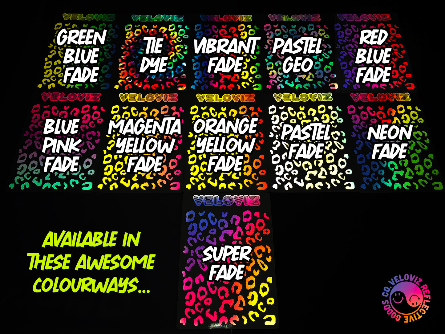 Reflective Leopard Print A4 Cargo Bike Stickers - Blue Pink Fade