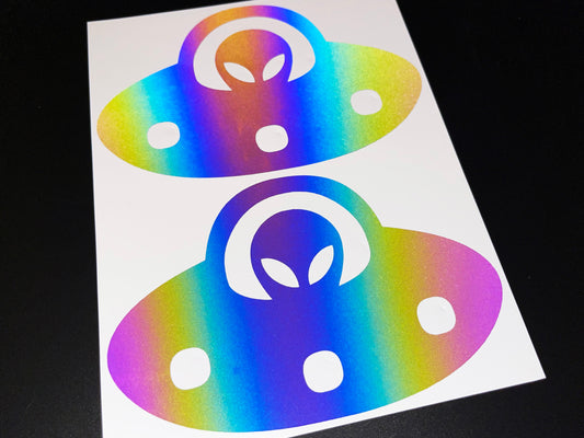 Alien UFO (Large) Reflective Rainbow Bright Bike Stickers