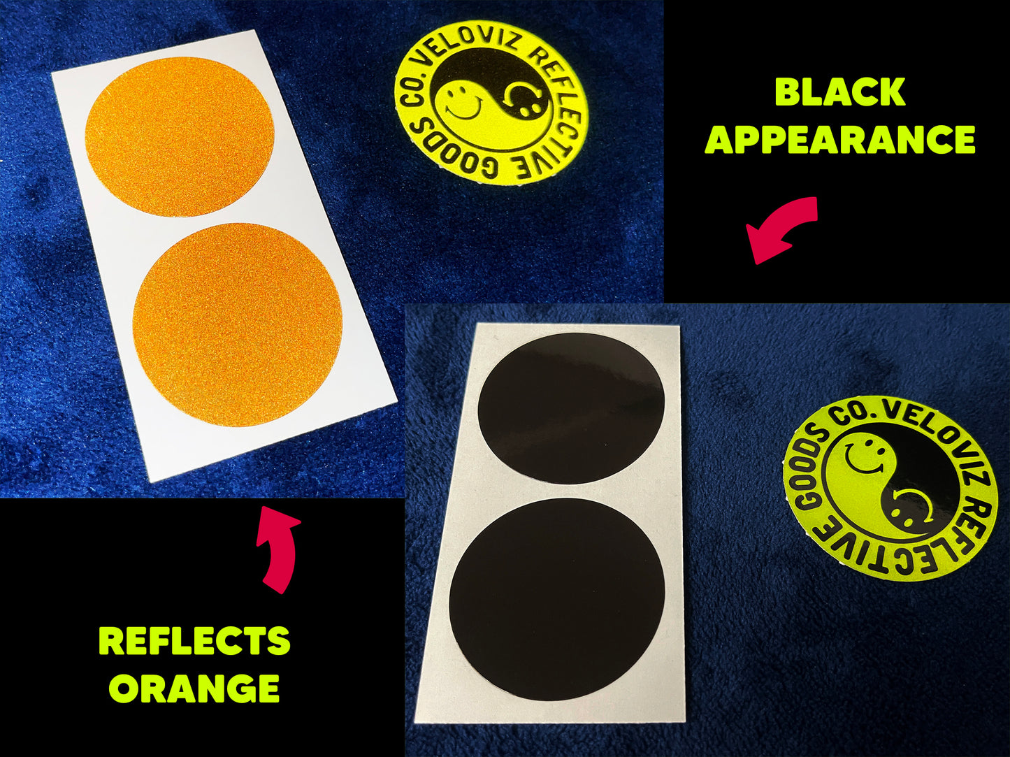 Veloviz Black STEALTH Reflective Amber Orange Motorcycle Fork Reflector Stickers ROUND