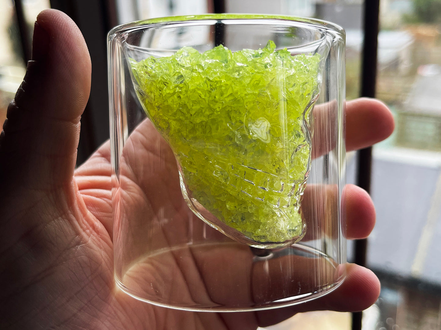 Uranium Glass Filled Skull Whisky Tumbler