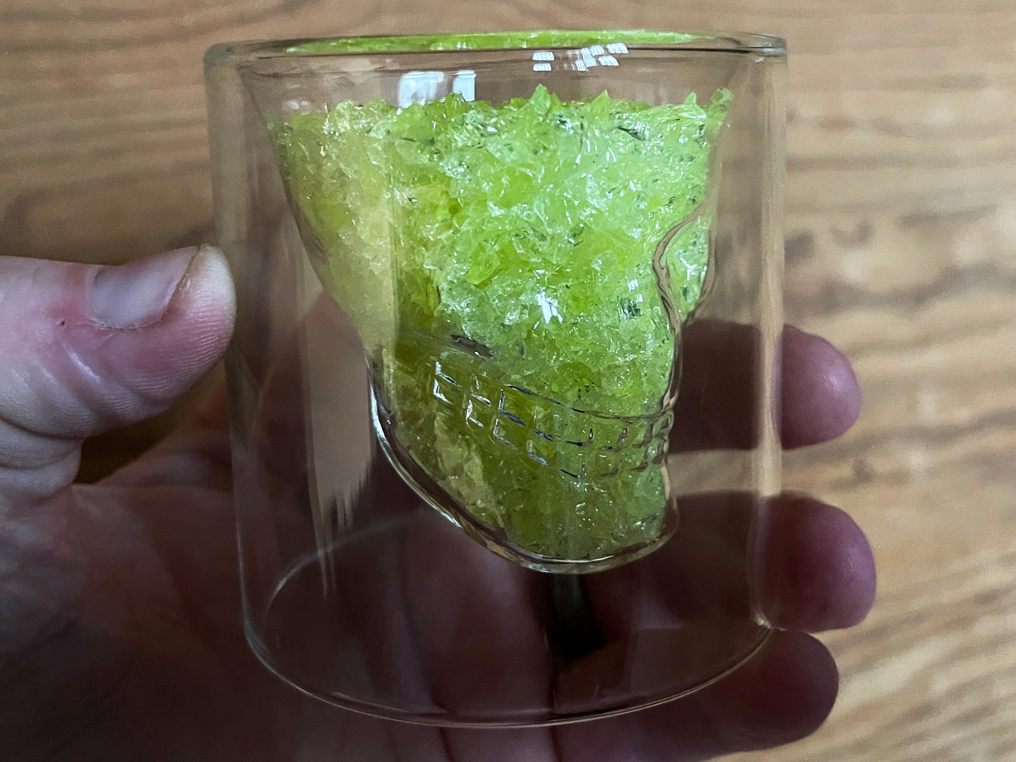 Uranium Glass Filled Skull Whisky Tumbler