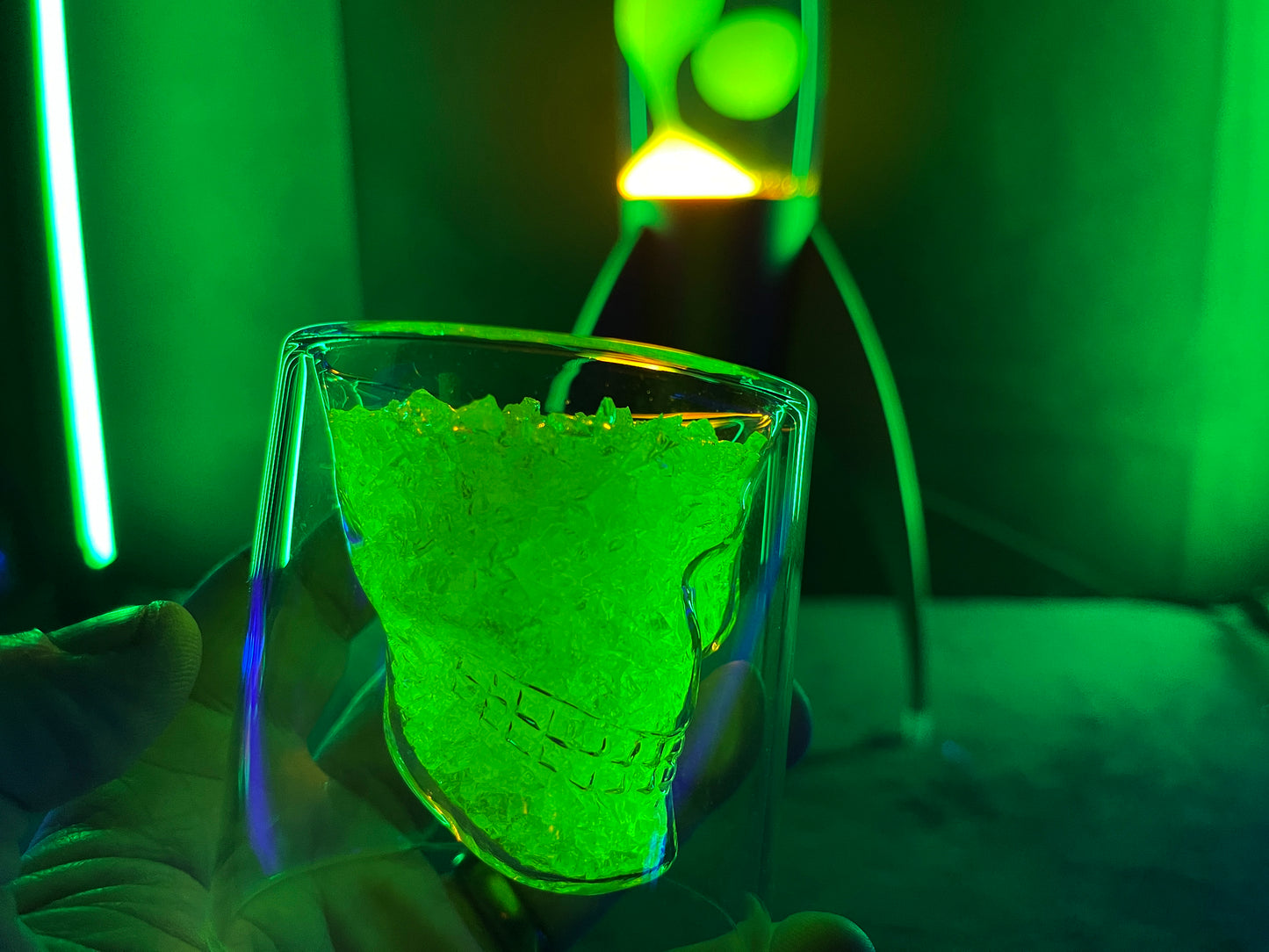 Uranium Glass Filled Skull Whisky Tumbler