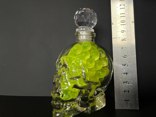 Uranium Glass Marble Filled Skull Whisky Decanter
