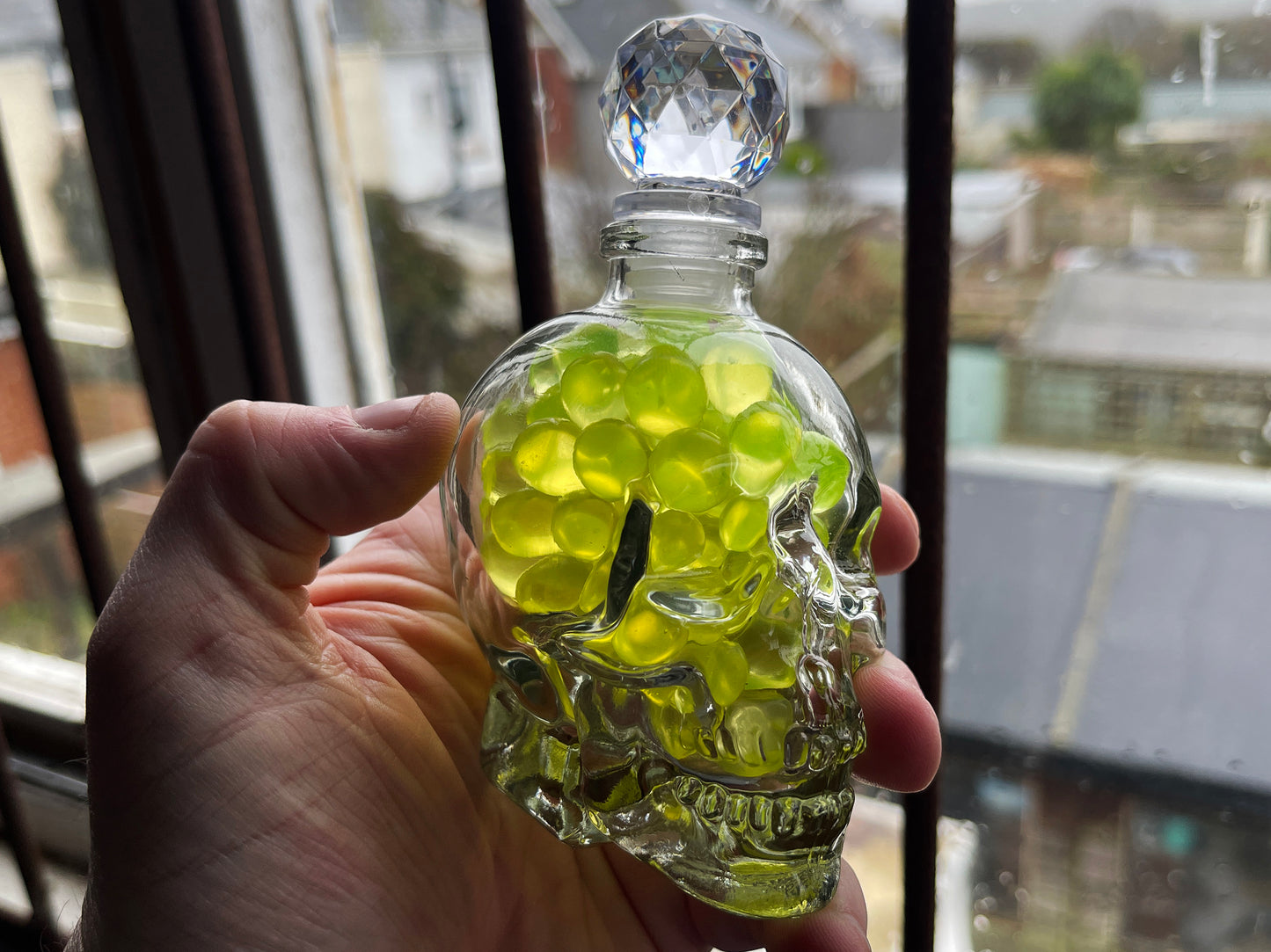 Uranium Glass Marble Filled Skull Whisky Decanter