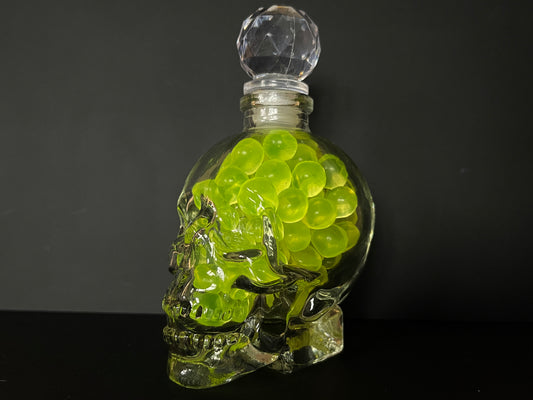 Uranium Glass Marble Filled Skull Whisky Decanter