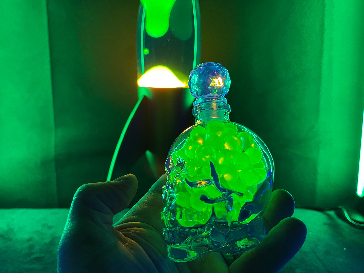 Uranium Glass Marble Filled Skull Whisky Decanter
