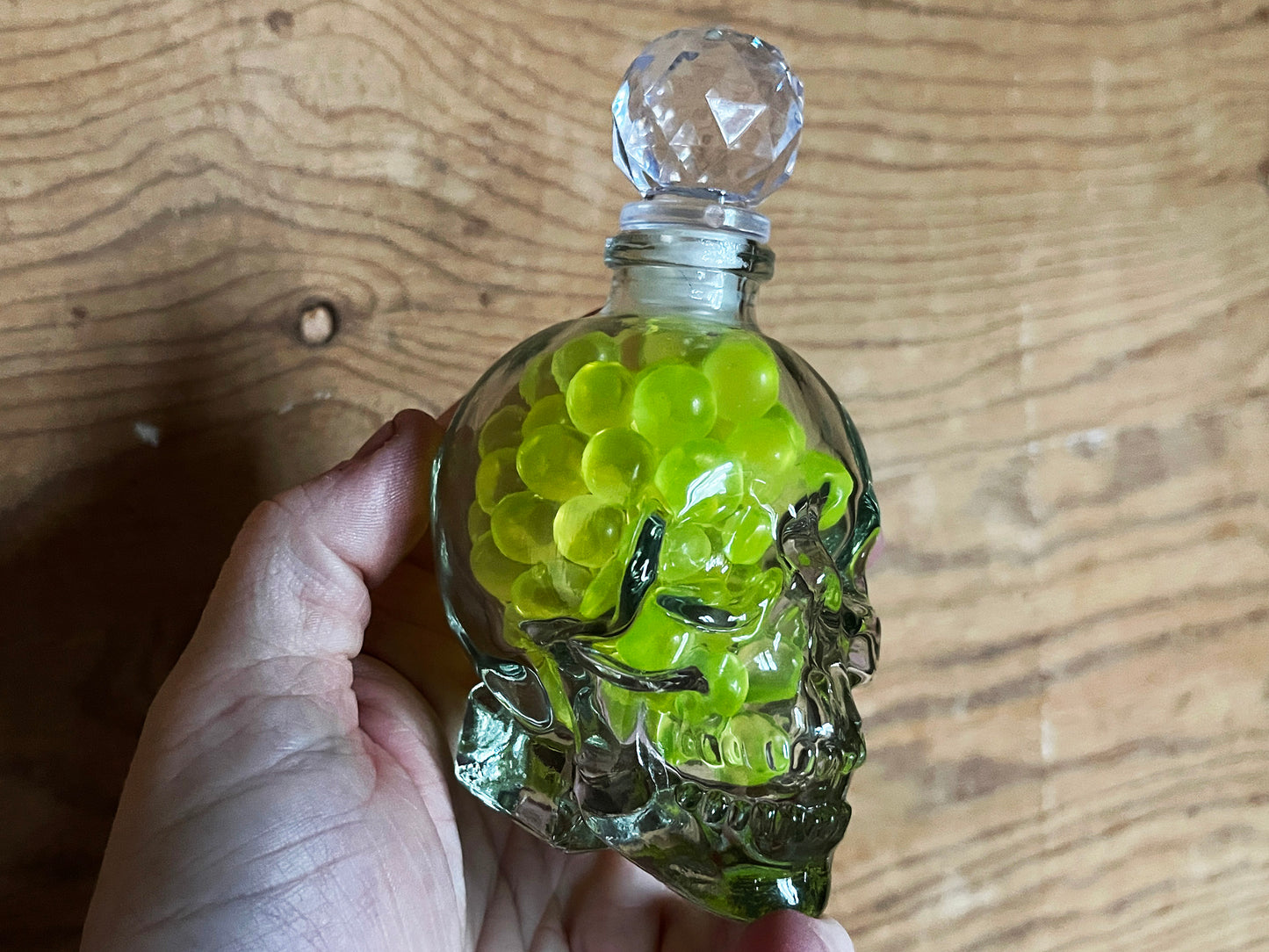 Uranium Glass Marble Filled Skull Whisky Decanter