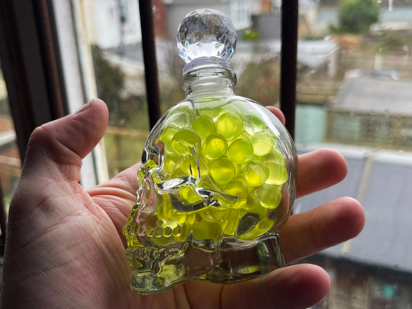 Uranium Glass Marble Filled Skull Whisky Decanter