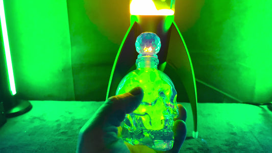 Uranium Glass Marble Filled Skull Whisky Decanter