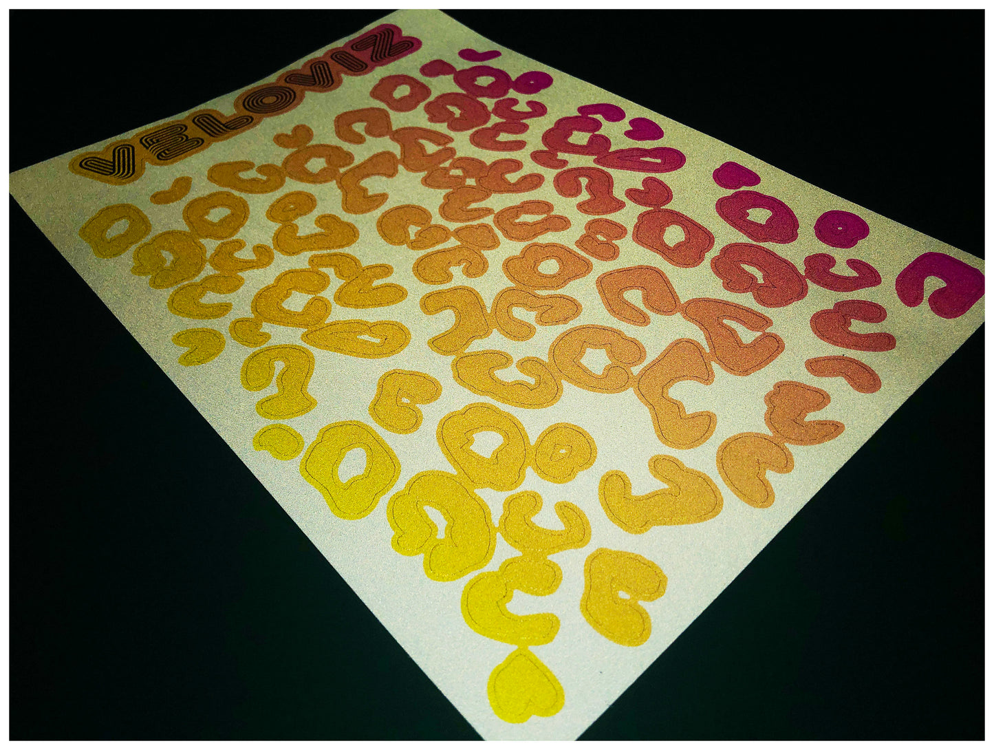 Reflective Leopard Print A4 Cargo Bike Stickers - Magenta Yellow Fade